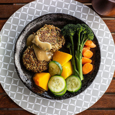 Brown Rice and Lentil Patties with
Turmeric Potato Bake and Steamed Vegetables