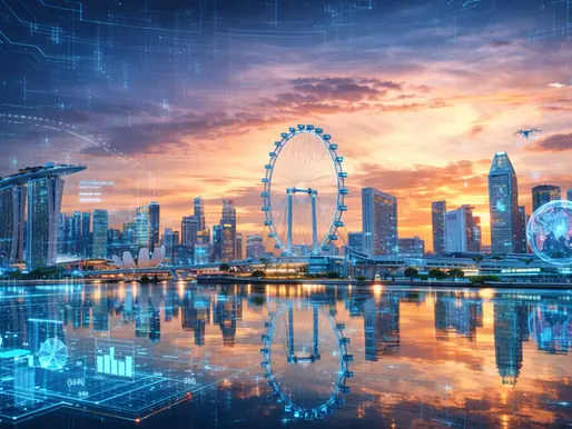 Futuristic 3D digital twin of the Singapore skyline at sunset, with Marina Bay Sands and the Singapore Flyer enhanced by holographic data grids, glowing network overlays, analytics dashboards, and a virtual globe projected above the waterfront, all reflected in the calm bay waters.