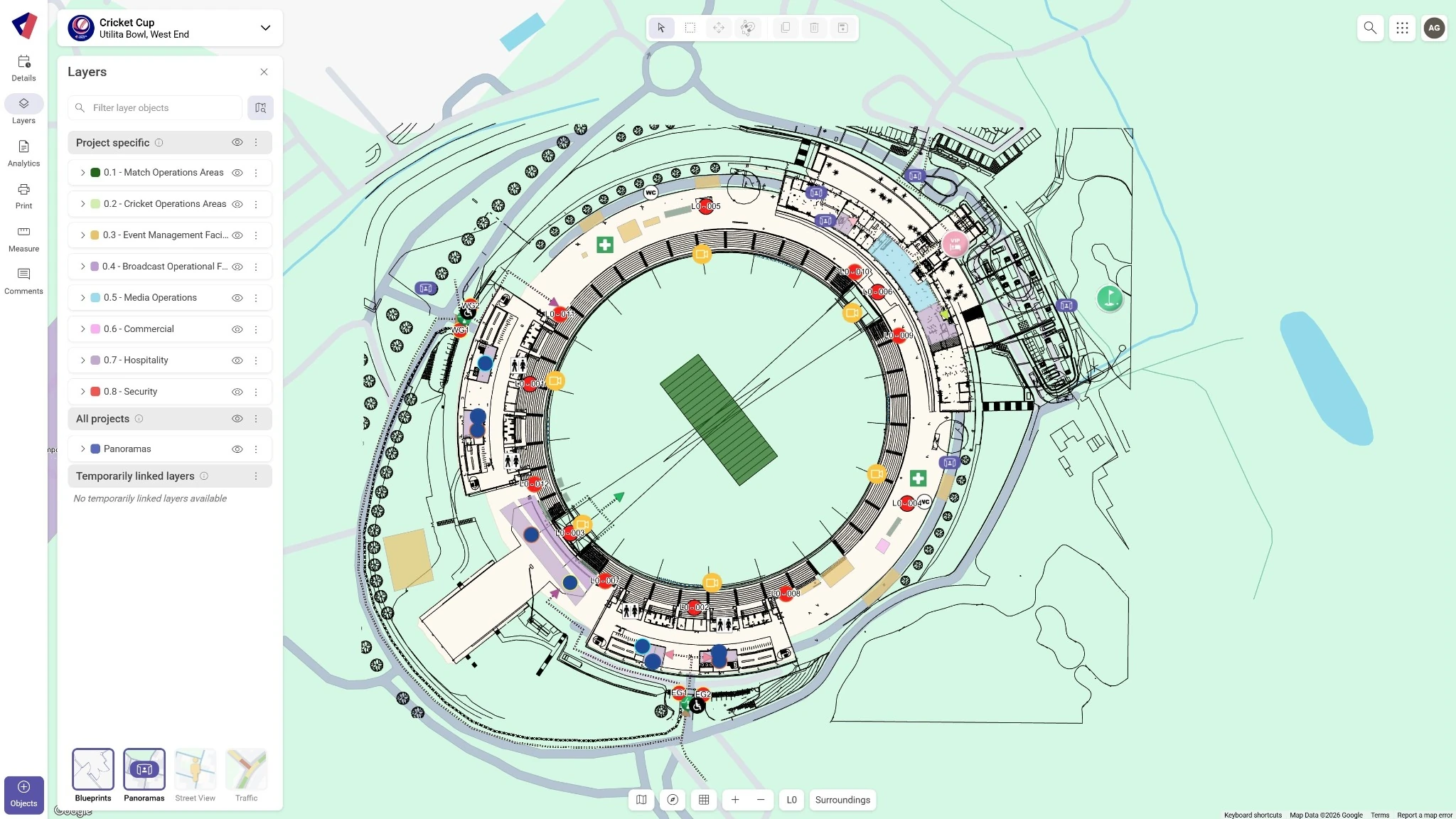 Map interface showing a circular cricket stadium at Utilita Bowl, West End, with project layers displayed in a left sidebar and operational markers placed around the venue.