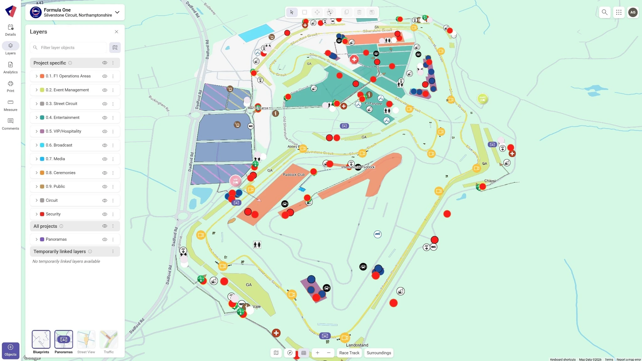 Map interface of Silverstone Circuit, Northamptonshire, showing a full race track layout with multiple colored operational markers, zones, and project layers in the sidebar.