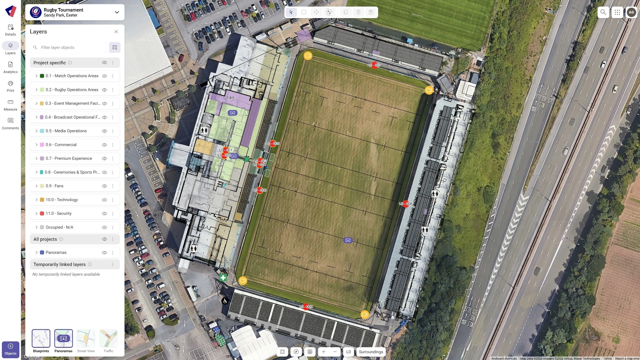 Aerial map interface of Sandy Park, Exeter, showing a rugby stadium with layered operational overlays, icons, and a sidebar listing project-specific categories.