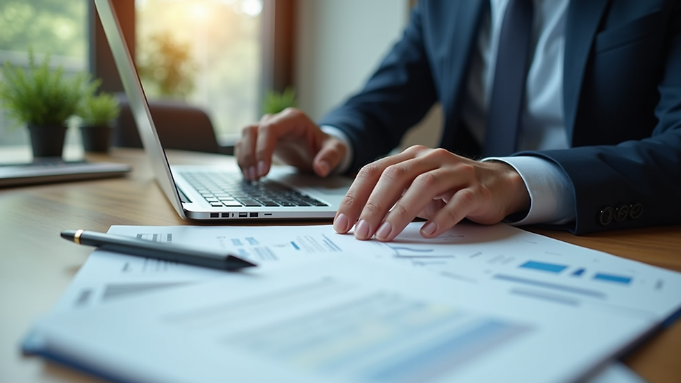 Eye-level view of a business person reviewing documents with a laptop