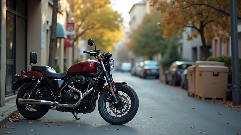 Close-up view of a motorcycle parked near a delivery point