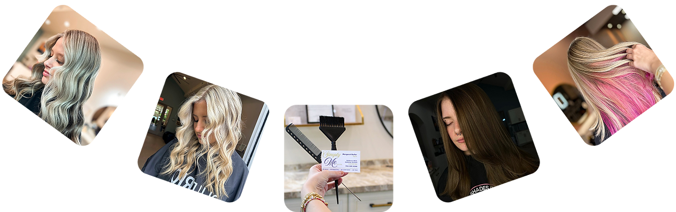 5 images in an arc format containing images of blone and brunette women posing with their heads tilted downwards and to the right. An image of Margaret Butler's Simply Me business card if featured in the middle