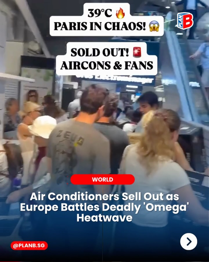 Crowded Paris store with people queuing for sold-out air conditioners and fans amid a heatwave; text says PARIS IN CHAOS and SOLD OUT.