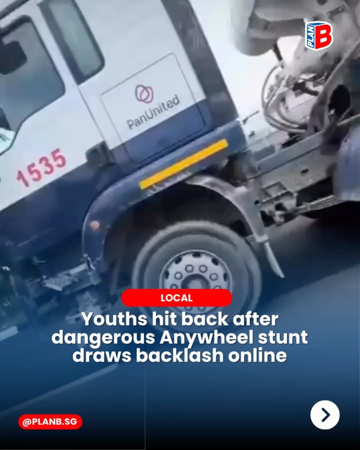 PanUnited truck with damaged front wheel on roadside, overlaid by headline about dangerous Anywheel stunt and backlash
