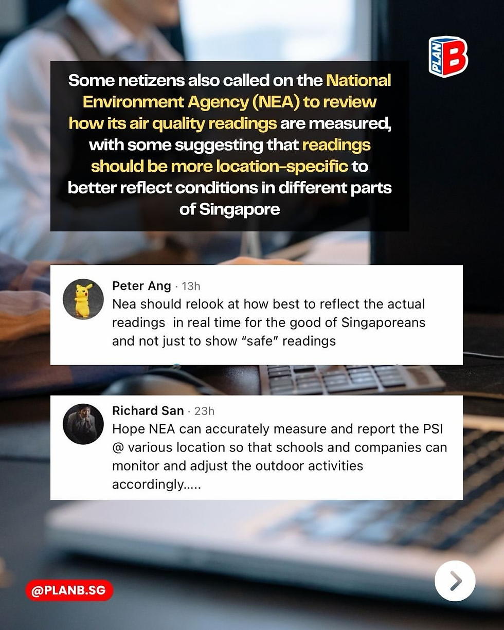 Graphic with comments urging Singapore’s NEA to make air-quality readings more location-specific, over a blurred office background