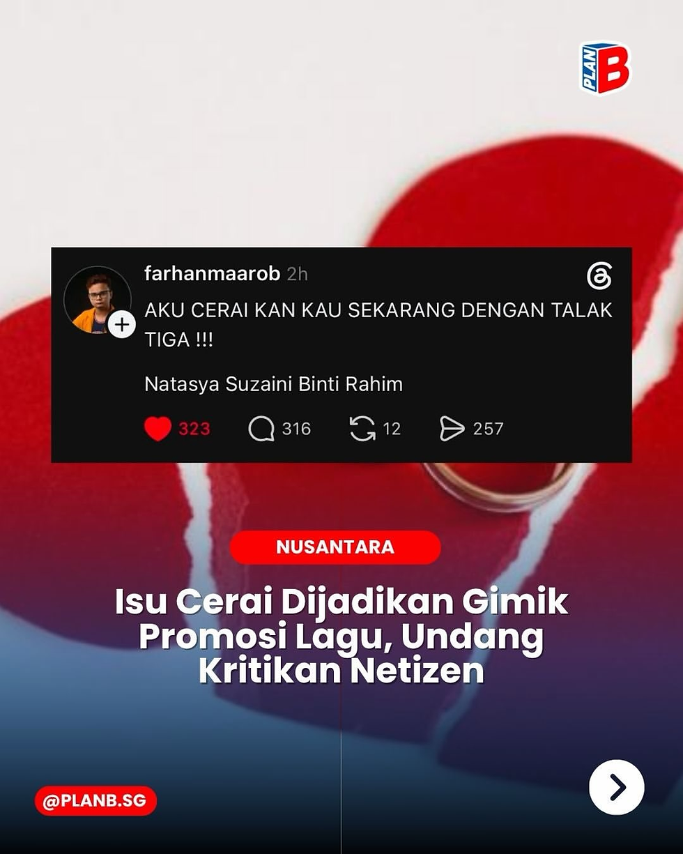 News graphic with a Threads post and broken heart image, Malay text about divorce used to promote a song, drawing criticism.