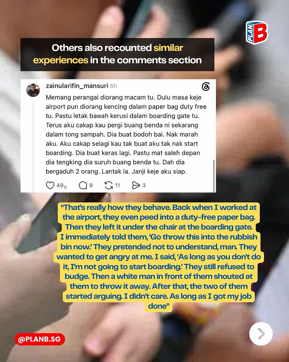 Social media graphic with blurred hands, a Plan B logo, and comment screenshots about similar airport experiences and an argument.