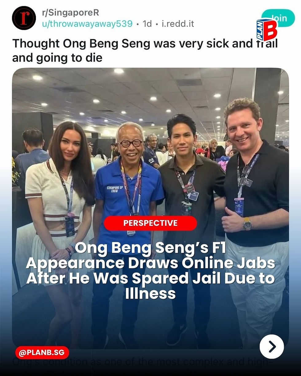 Reddit post screenshot showing four people posing at an indoor event; headline says Ong Beng Seng was sick and spared jail due to illness.
