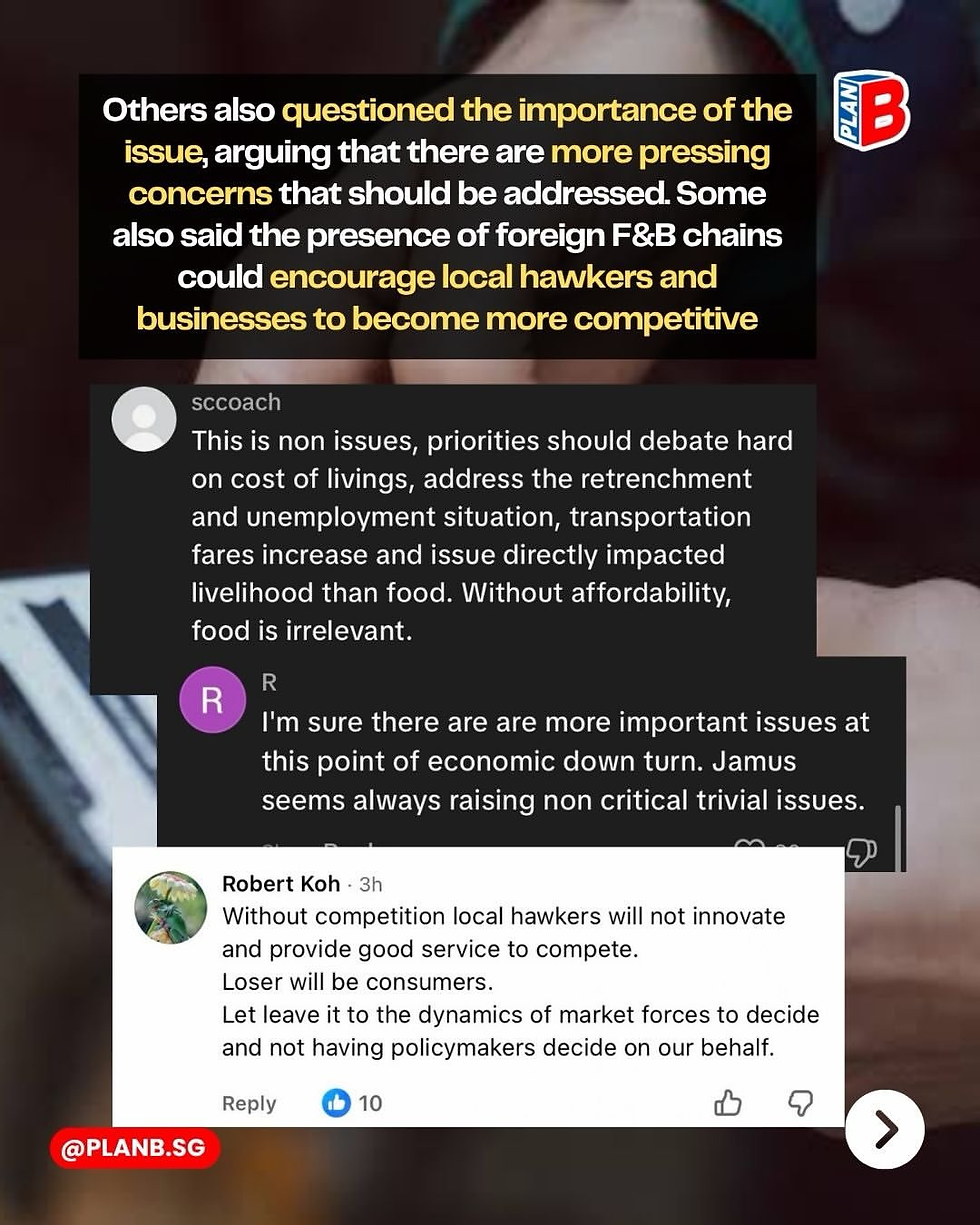 Social media post with comments debating foreign F&B chains, hawkers and cost of living; PLANB.SG and PLAN B visible.