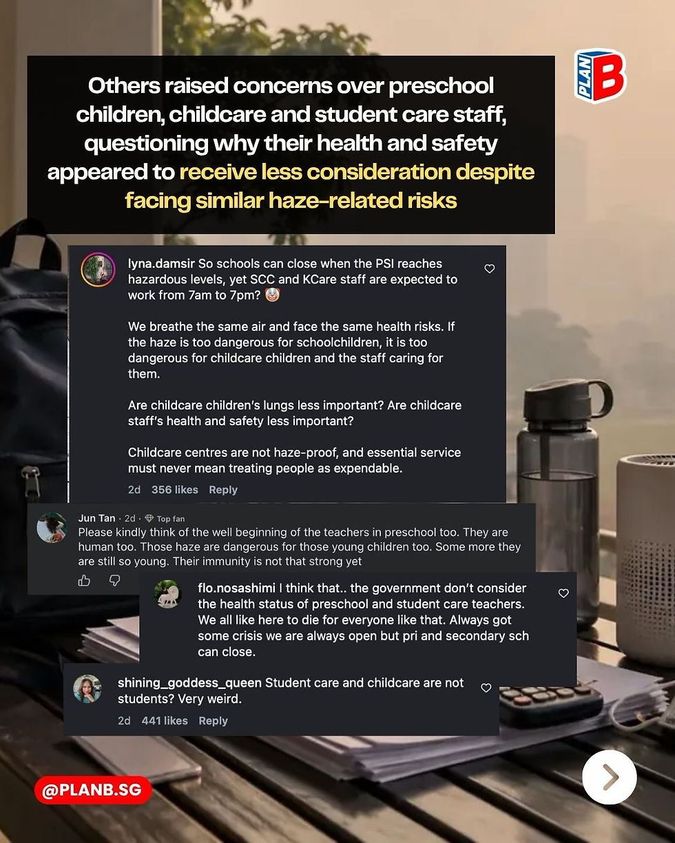 Infographic on haze risks for preschool and childcare staff, with social media comments over a desk and PLAN B logo.