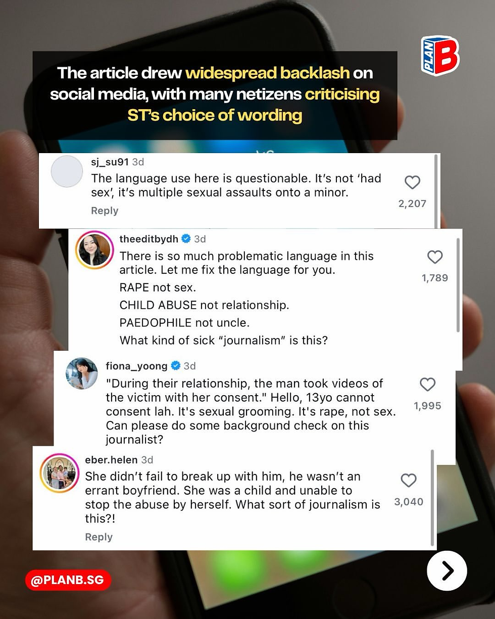 Phone screen shows comments criticizing an article’s wording on child sexual abuse, with Plan B branding and backlash.
