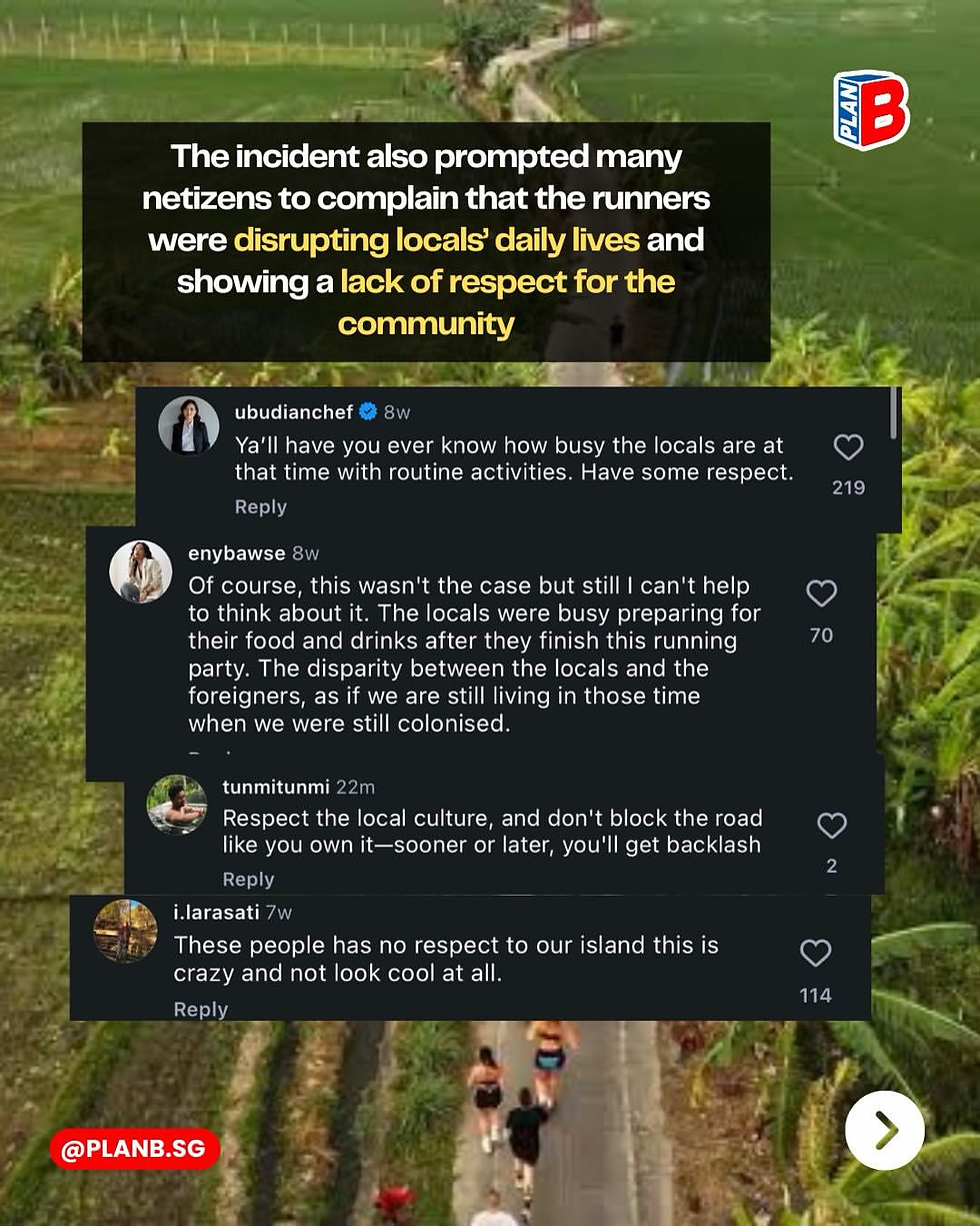 Instagram-style screenshot of runners on a rural road, with comments saying they disrupt locals; PLAN B logo and @PLANB.SG visible