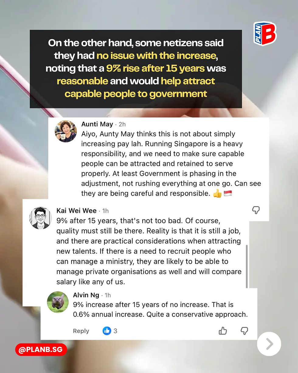 Social media-style screenshot with Plan B logo and comments debating a 9% pay rise after 15 years for government workers.