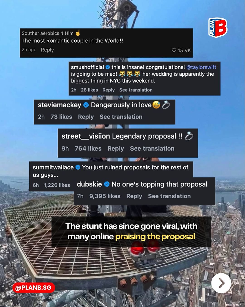 Couple on a skyscraper platform over NYC skyline, with social media comments praising a viral proposal.