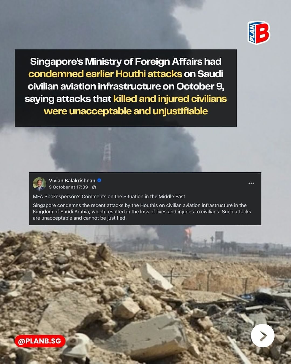 Graphic of smoke over a damaged site with text condemning Houthi attacks on Saudi aviation infrastructure; Plan B logo and post by Vivian Balakrishnan