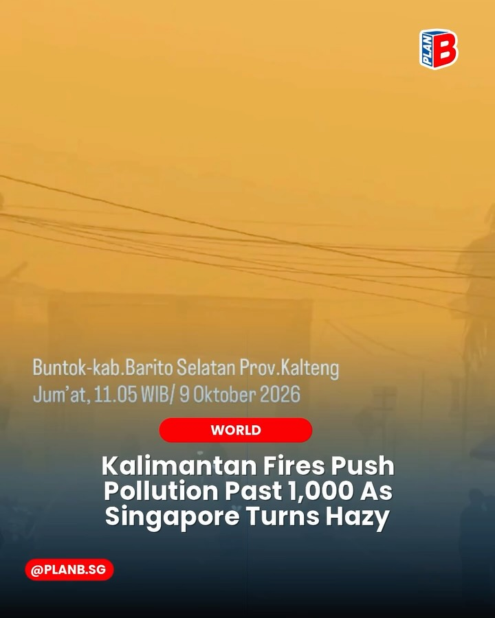 Orange haze over power lines with news text: Kalimantan fires push pollution past 1,000 as Singapore turns hazy, PLAN B logo