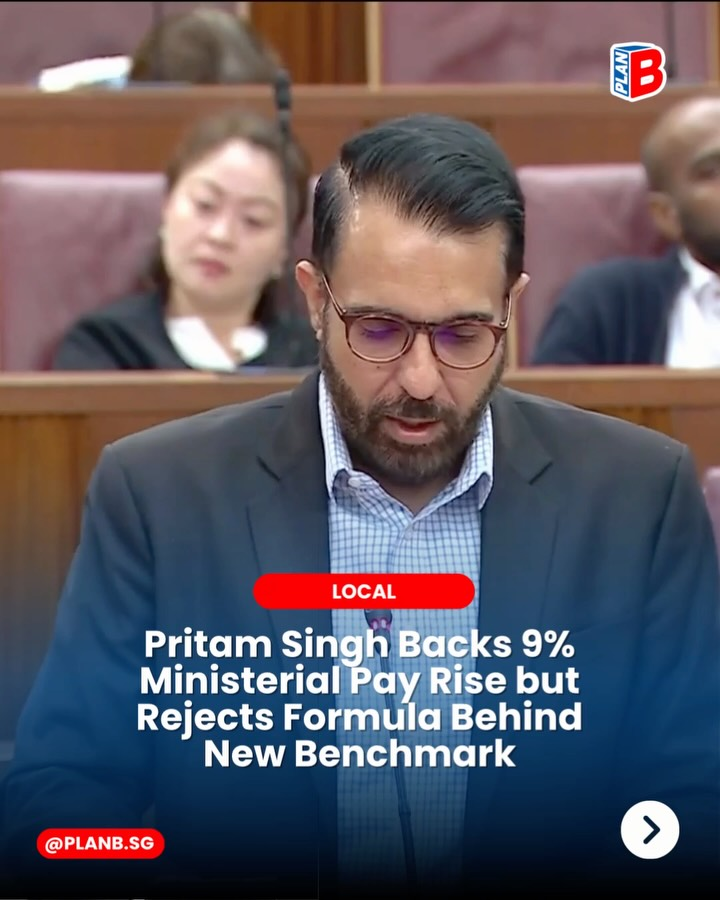 Man speaks in parliament with blurred audience behind him; overlay reads Pritam Singh backs 9% ministerial pay rise.