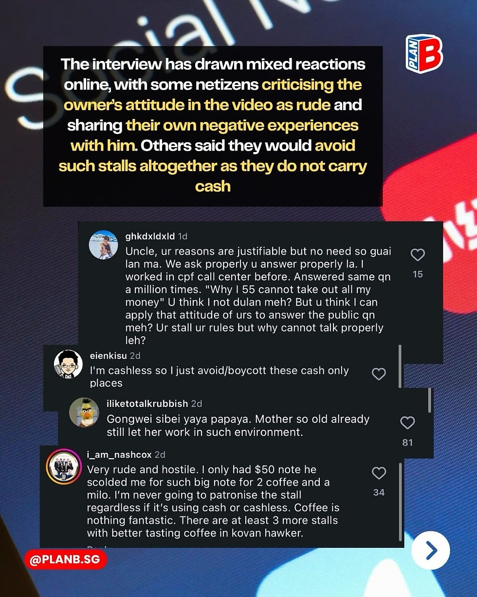 Social media graphic with comments criticizing a cashless stall owner; PLAN B logo and mixed-reactions text on dark background.