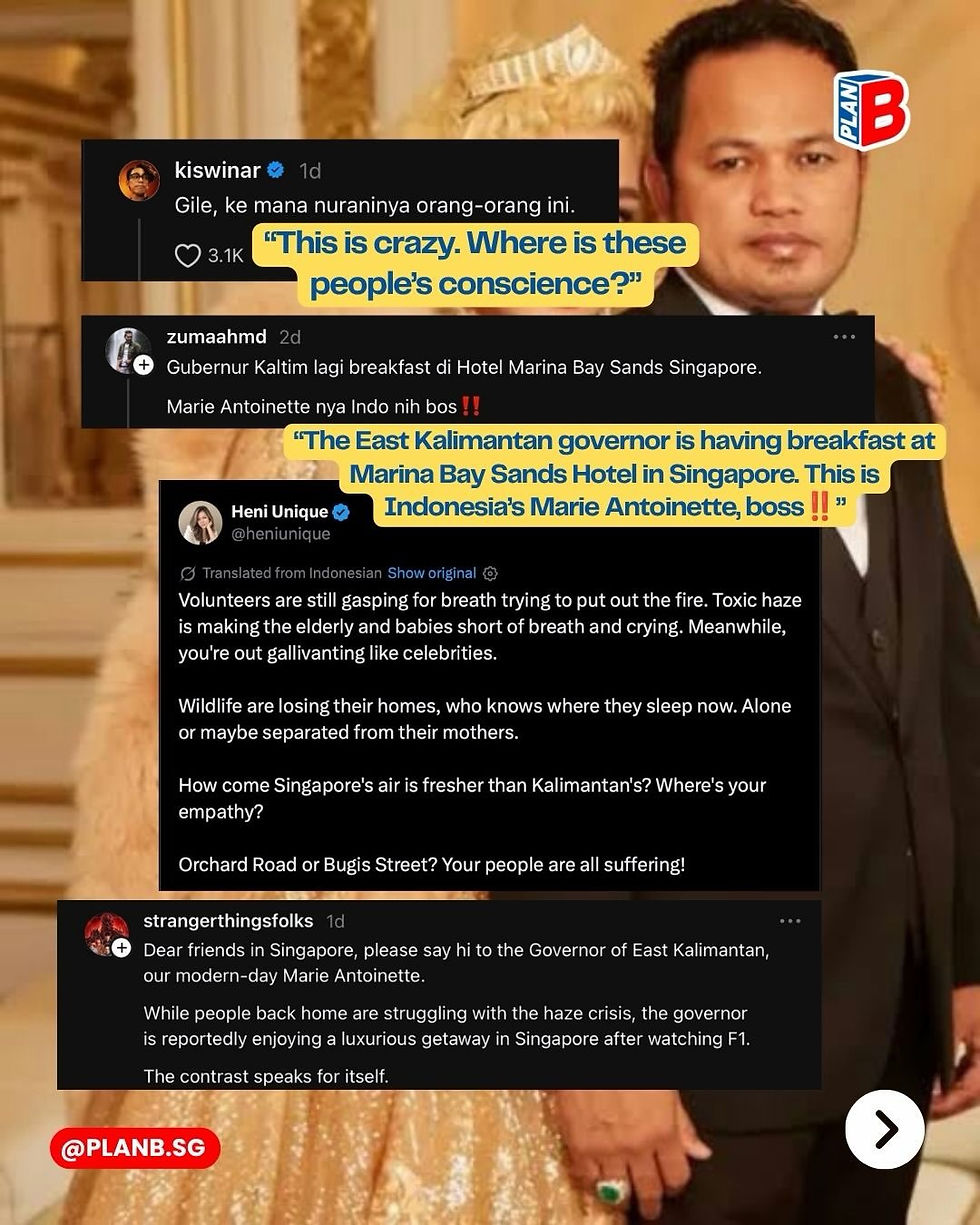 Meme with tweets criticizing East Kalimantan governor; formal couple in gold-and-black background, PLAN B and @PLANB.SG text visible.