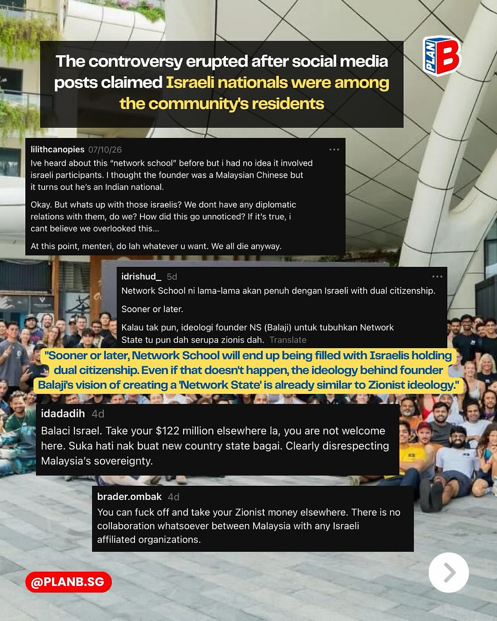 Infographic of angry social media comments over a group photo, with PLAN B logo, alleging Israelis in a Malaysian network school