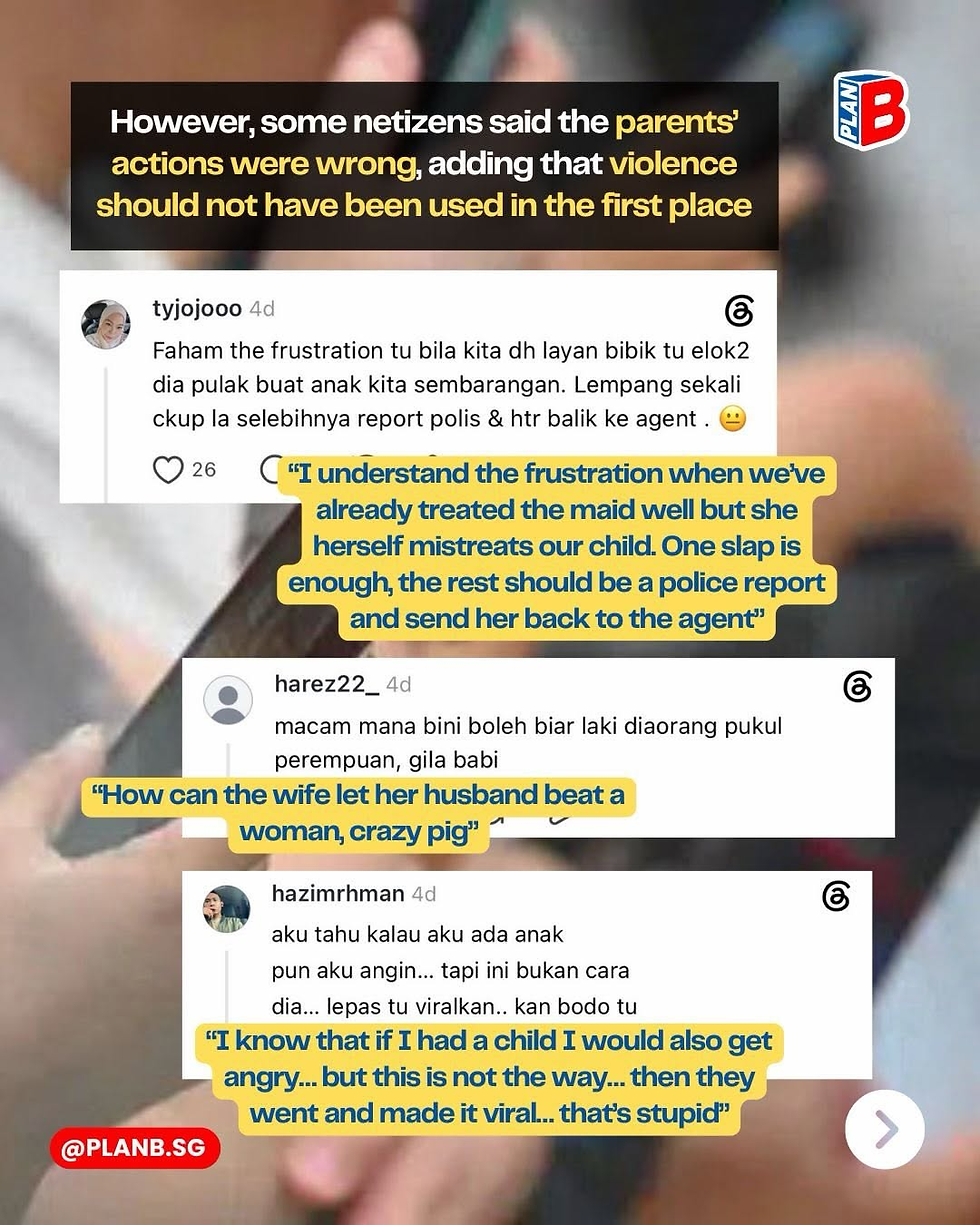 Screenshot of social media comments condemning parents' violence, with PLANB branding and Malay text over a blurred background.