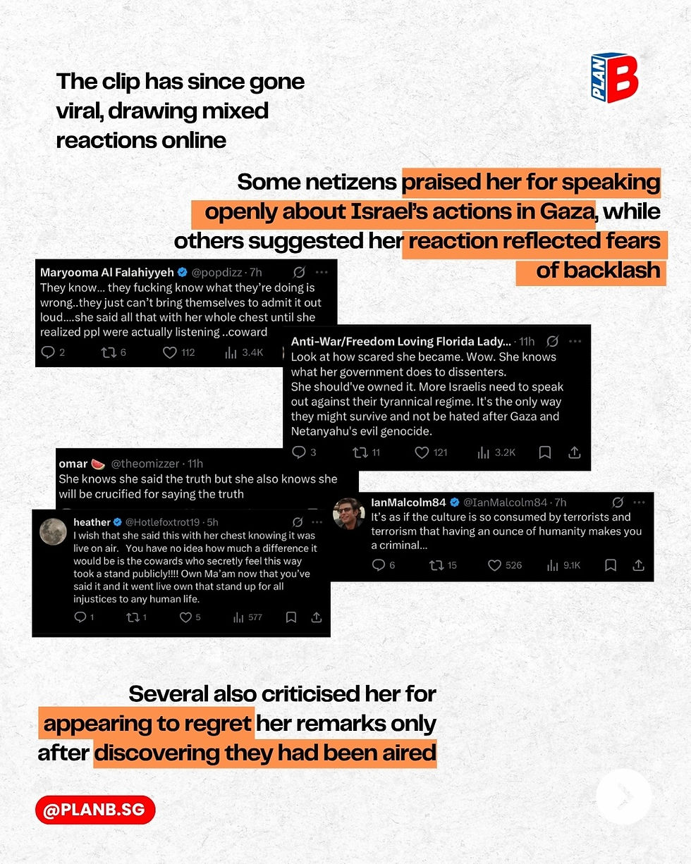 Infographic with tweet screenshots and bold text about a viral clip on Israel and Gaza, showing mixed online reactions and criticism.
