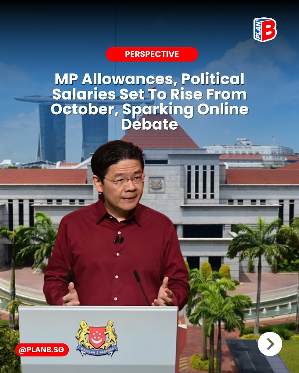 Man in red shirt speaks at podium before Singapore skyline; headline says MP allowances and political salaries will rise from October.