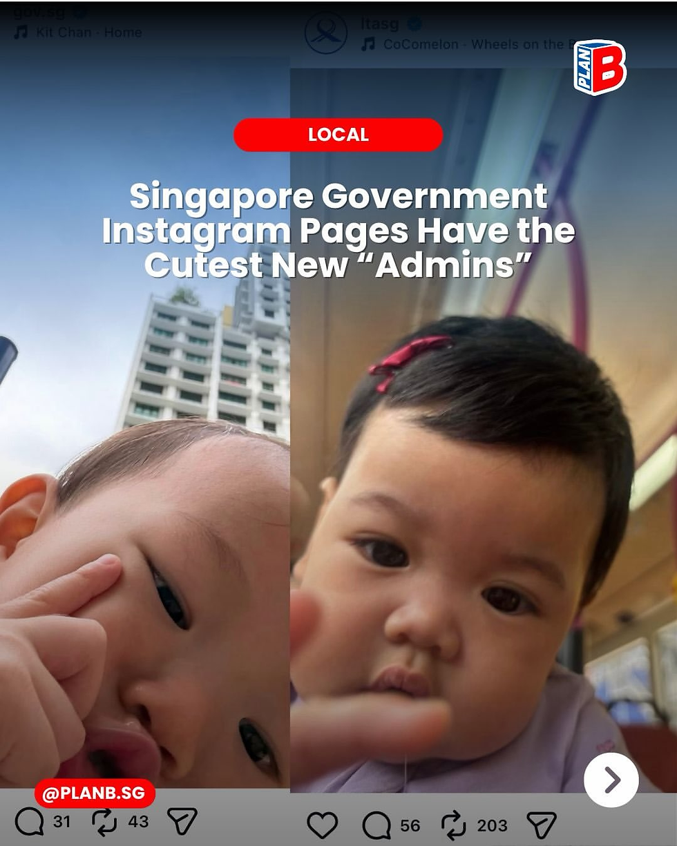 Split-screen baby selfies with a Singapore high-rise background; headline reads Singapore Government Instagram Pages Have the Cutest New Admins