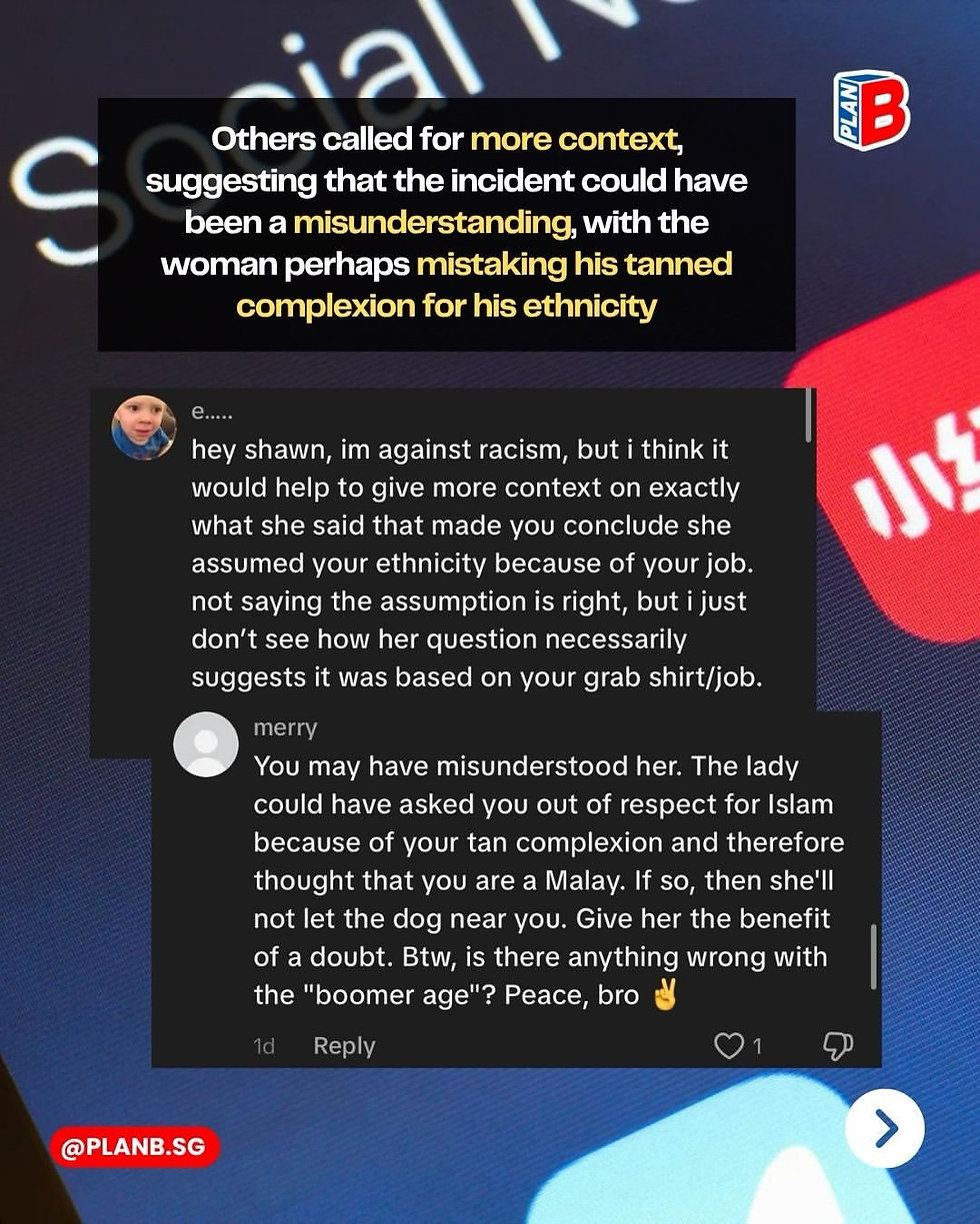 Social media screenshot with comments debating a racism misunderstanding, black text boxes, and PLanB.sg branding on blue background