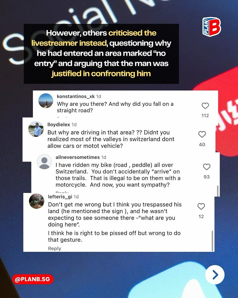 Social media screenshot of comments criticizing a livestreamer for entering a no-entry area, with PLAN B logo and @PLANB.SG.