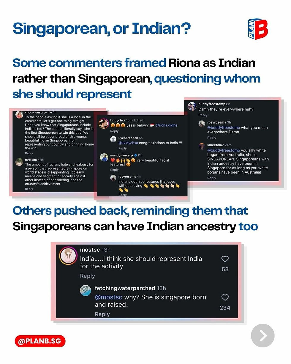 Infographic with Instagram comments debating Riona as Singaporean or Indian, on white background with PLANB logo and @PLANB.SG tag.