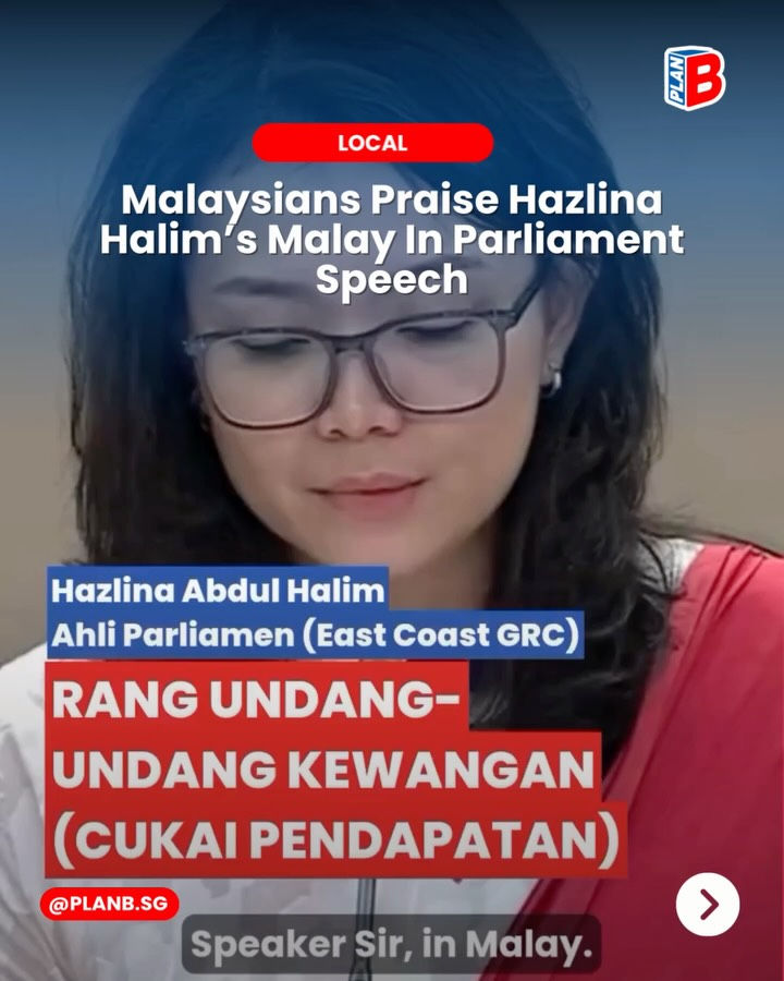Woman with glasses in red-and-white attire, overlaid with news text praising Hazlina Abdul Halim’s Malay parliament speech.