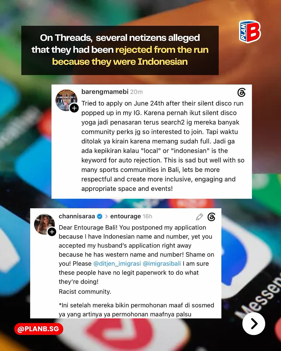 Social media graphic showing Threads posts alleging Entourage Bali rejected Indonesian applicants; black and white text panels on colorful app icons.