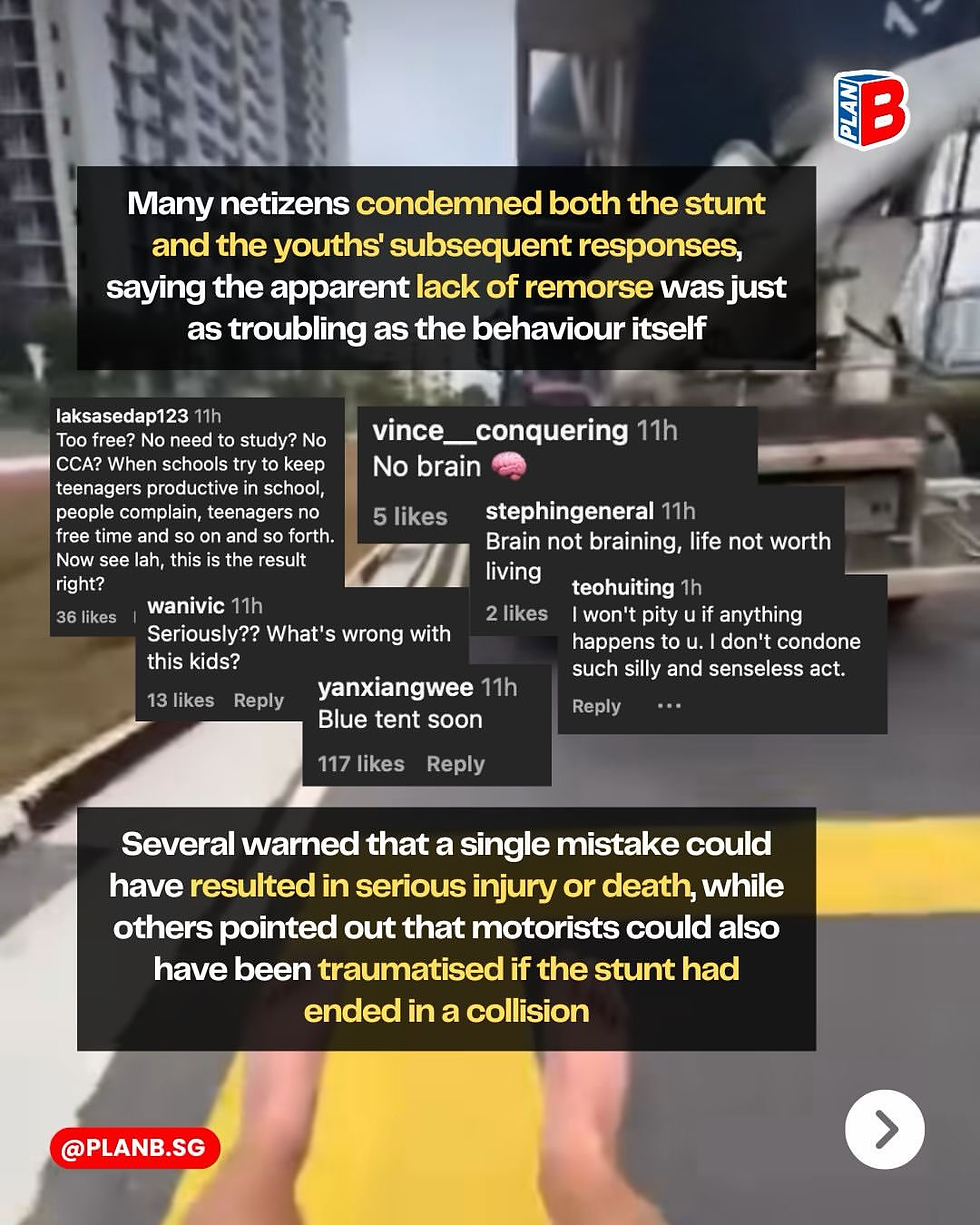 Social media post condemning a dangerous stunt, with comments and warnings over a blurred city street scene.