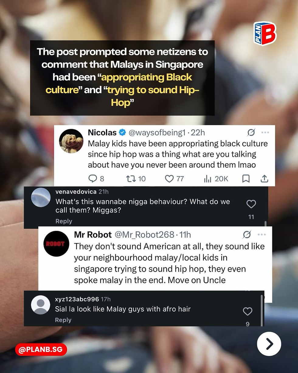 Social media post with heated comments about Malays in Singapore and Black culture, over a blurred background; PLAN B logo visible.
