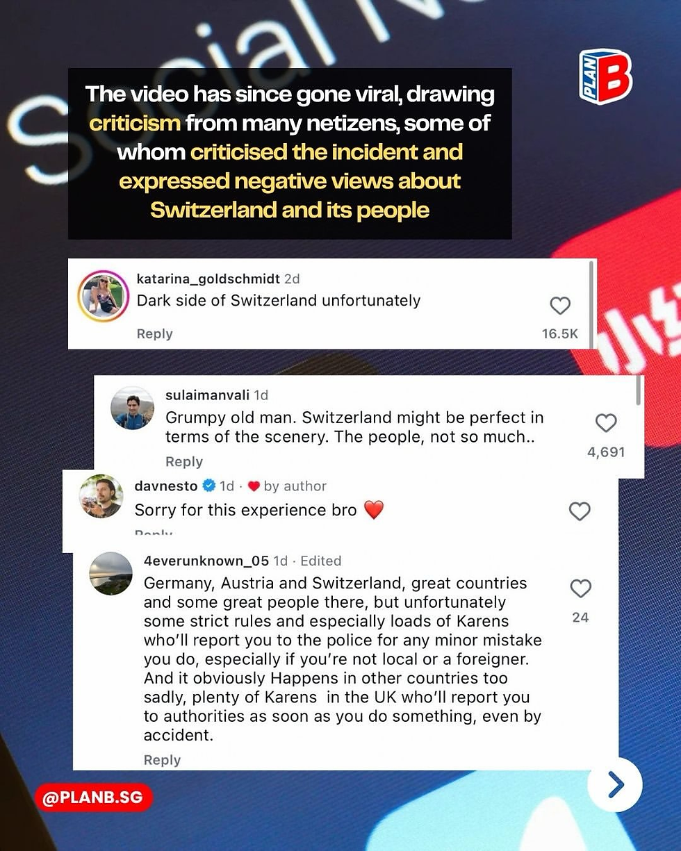 Social media screenshot with comments criticizing Switzerland; black text box says viral video drew criticism and negative views.