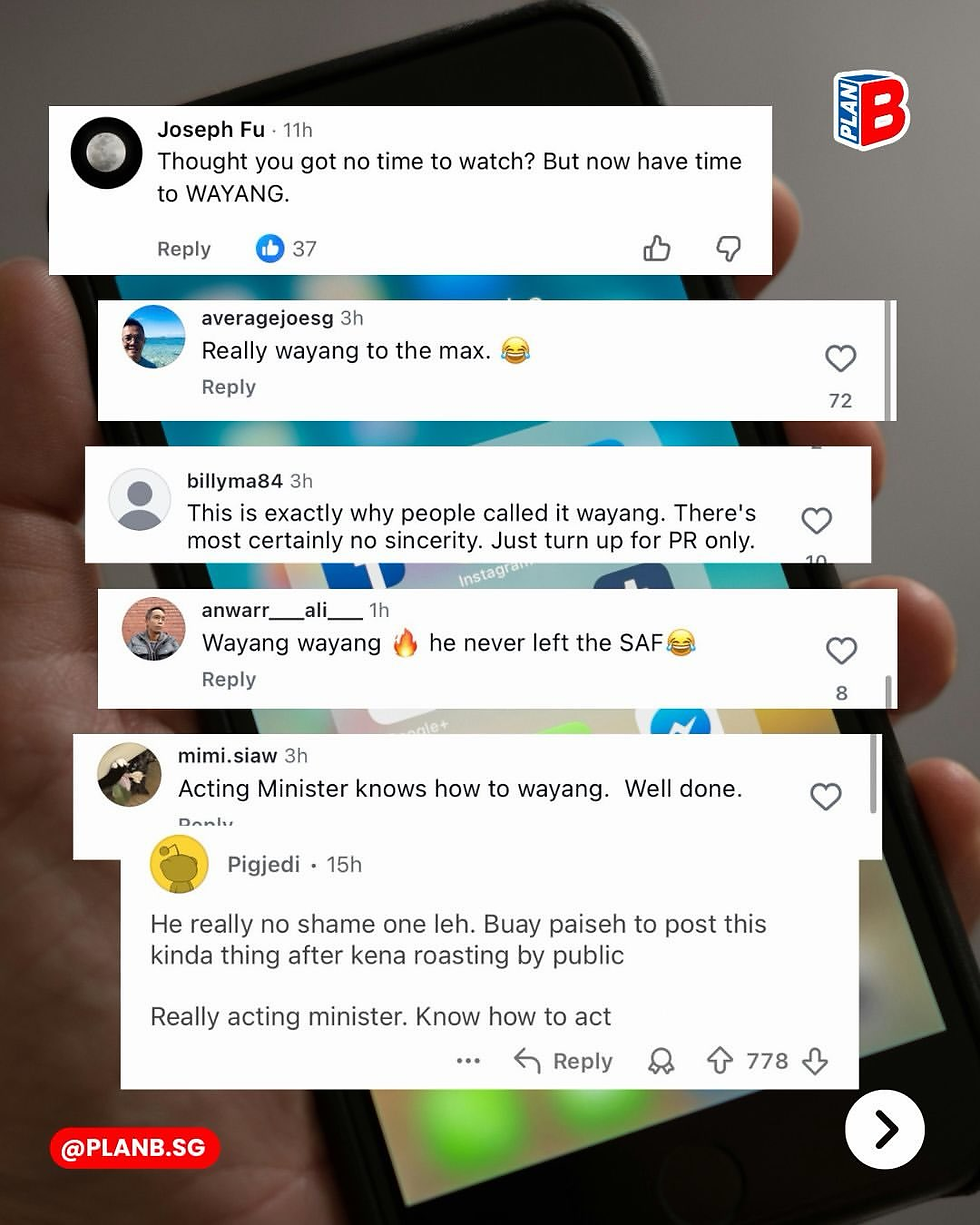 Phone screen with stacked social media comments mocking an acting minister as wayang; PLAN B watermark on the right.