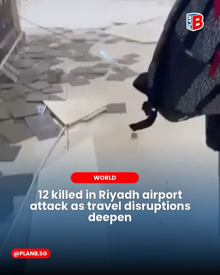 Airport floor with scattered debris beside a backpack; news text reads 12 killed in Riyadh airport attack.