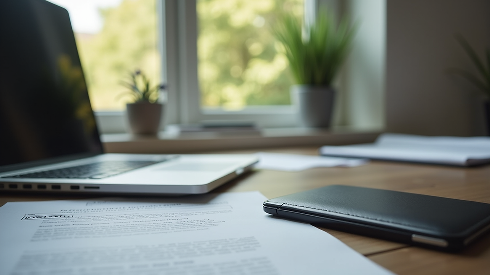 Vue rapprochée d’un bureau avec des documents sur la durabilité et un ordinateur portable