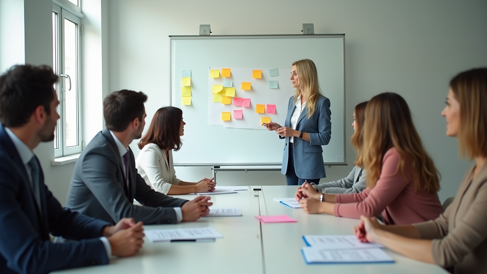 Vue en plongée d’un groupe de personnes en réunion autour d’un tableau blanc avec des post-it colorés