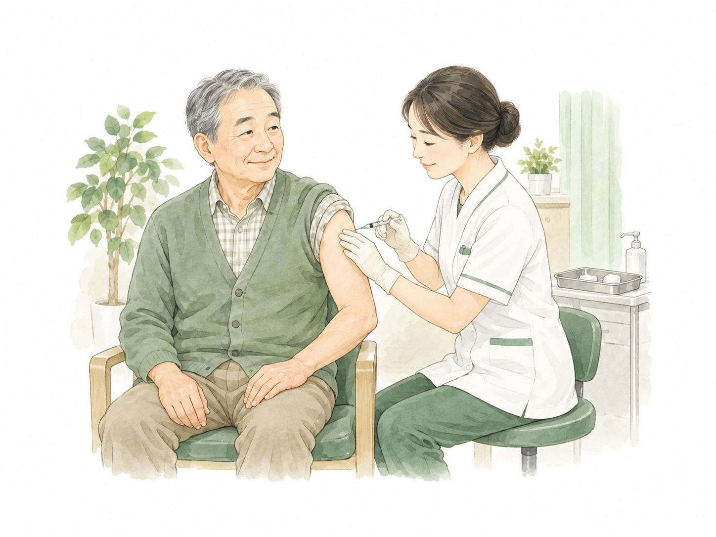 高齢の男性が医療スタッフから予防接種を受けるイラスト