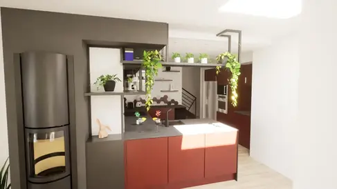 cuisine avec structure métal sur mesure et poêle bois