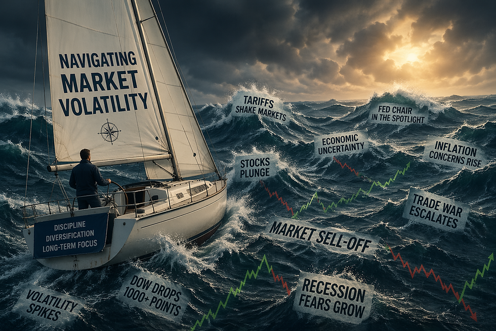 Boat navigating ocean filled with market headlines
