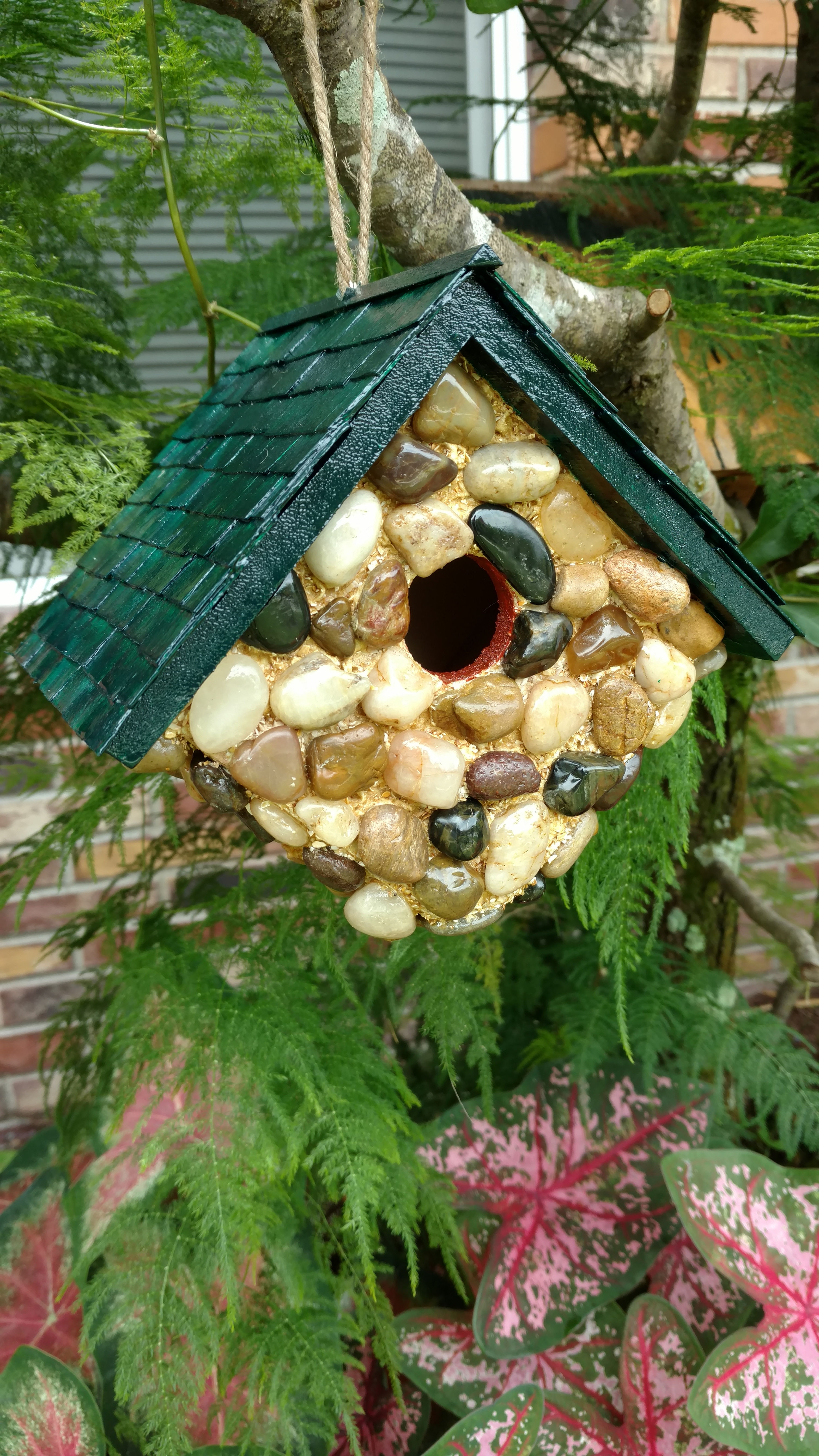 Hanging Bird House-Stone Clad with Cedar Shake Roof