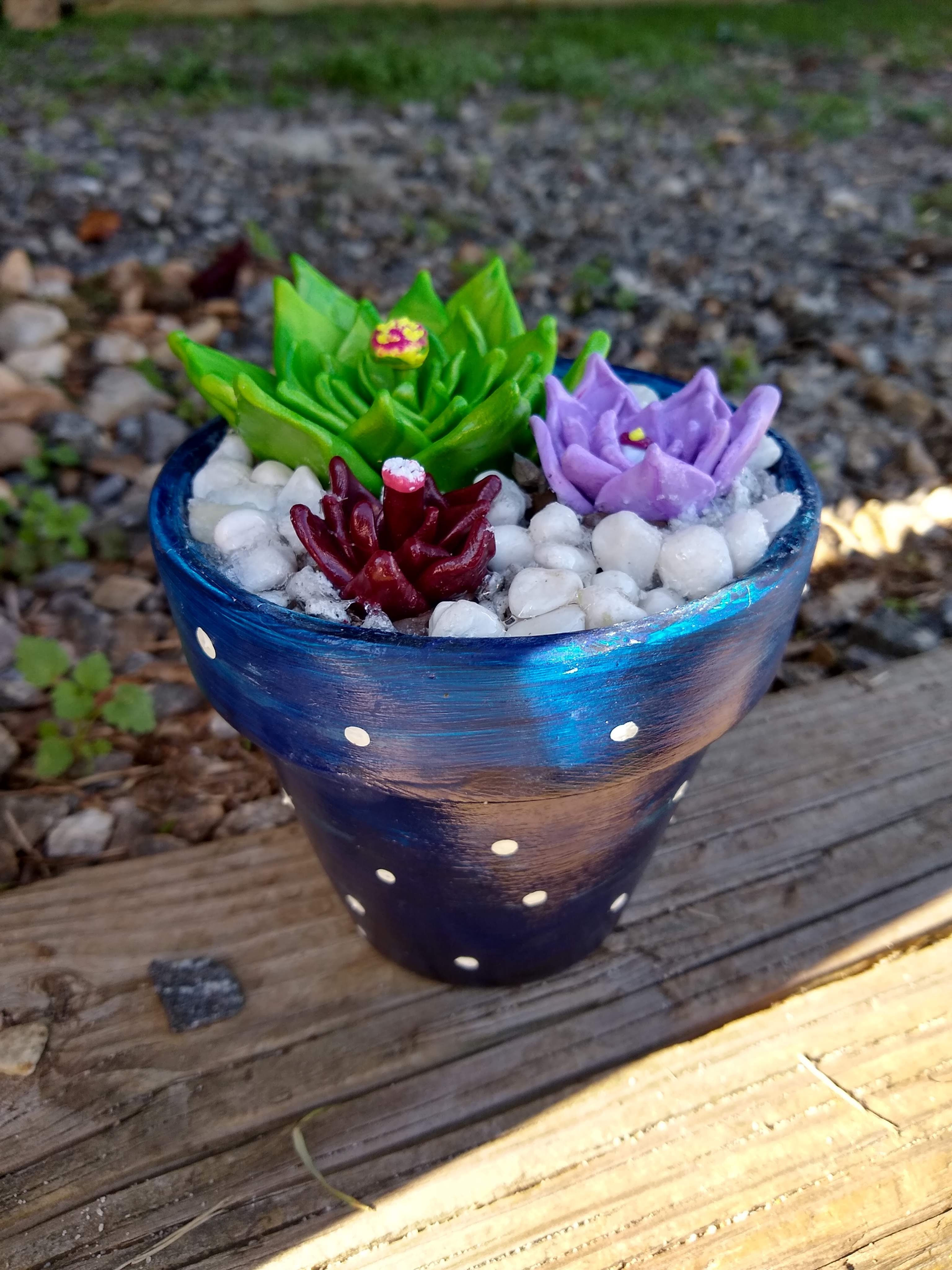 Three polymer clay succulents in painted 4 inch pot