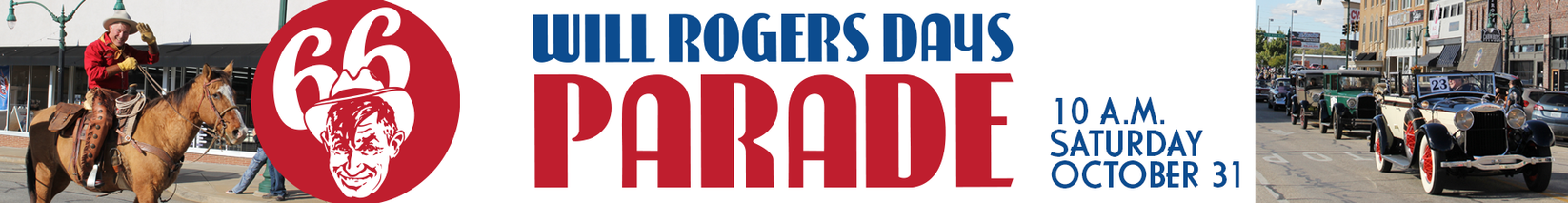 Will Rogers on horse, vintage cars drive down a street