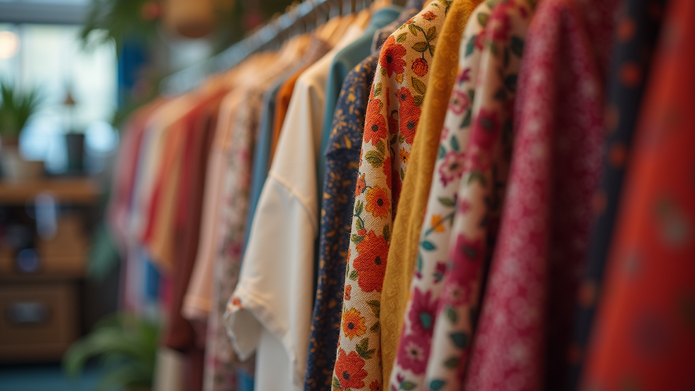 Eye-level view of a colorful display of handcrafted clothing at Sew to Seed