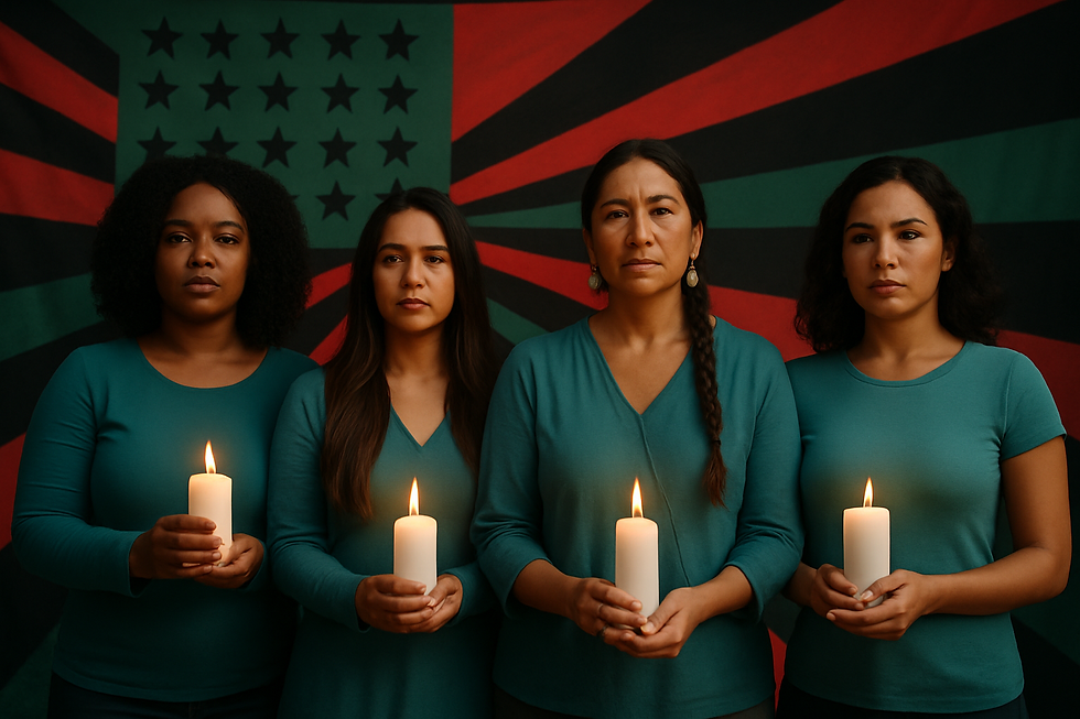 Four women of diverse ethnic backgrounds stand side by side in front of a backdrop with abstract red, black, and green rays. Each woman wears a different shade of teal and holds a lit white candle, symbolizing unity, strength, and hope. Their expressions are solemn and determined, reflecting solidarity and a shared commitment to justice and protection.